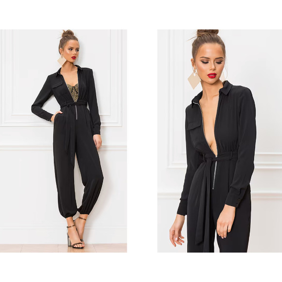 Superdown Jazmin Zip Up Jumpsuit Womens S Small Black Belted Waist Elastic Leg - Picture 13 of 14